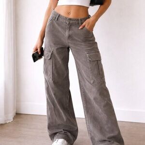 Brandy Melville Corduroy Gray Green Low Rise Wide Leg Pants